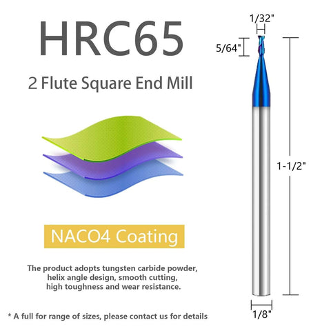 Front view of AYCHOLIZ 5pcs 1/32 in solid carbide square end mills set, NAC04 coating, 2-flute, Amazon brand