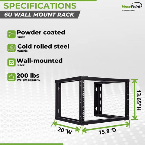 Built Tight 6U Wall Mount Rack Engineered For 19 Inch Server Hardware Open Frame Steel Rack Kicking Out Clean Airflow 16 Inch Deep Handles Max Load Premium Black