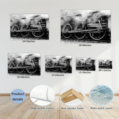Train Locomotive Wall Art Poster Black And White Running Gear Wheel Canvas Print Unframed 8x12 Inch Modern Home Decor