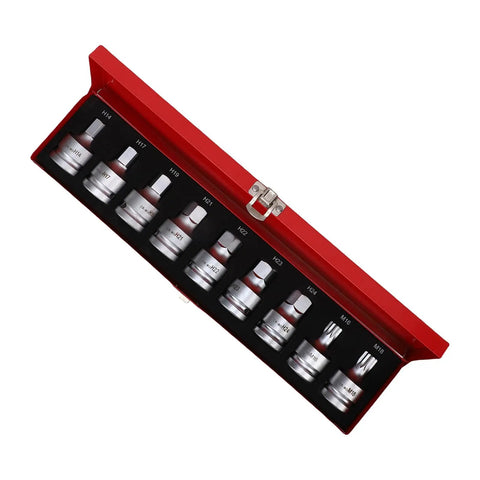 Rock Solid 9 Pcs Heavy Duty Impact Hex Bit Socket Set With 3 4 Inch Drive, Features Cr Mo Steel Build For Big Jobs Like H14 To H24 Size Allen And M16 M18 Spline Bits That Save Your Tools During Tough Repairs in red case