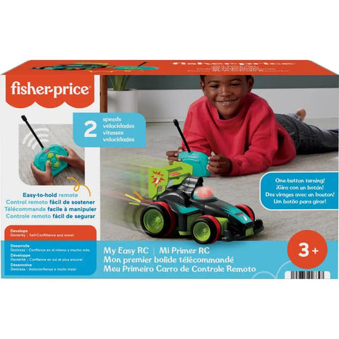 Child playing with My Easy RC Remote Control Car For Kids 3 And Up With Two Speeds Simple Four Way Driving One Button Drive Parent Controlled Speed Modes Ideal Preschool Toy Car