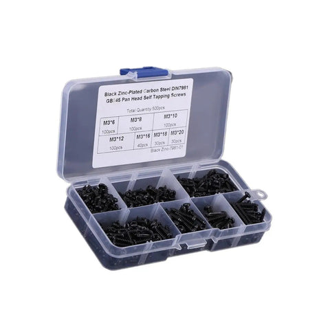 Heavy Duty M3/3mm Pan Head Self Tapping Screws Assortment Kit 500 Pack Zinc Plated Carbon Steel in organizer box.