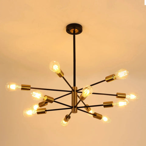 Six Light Dope Modern Sputnik Chandelier In Black Gold Finish Mid Century Ceiling Pendant Light, illuminated