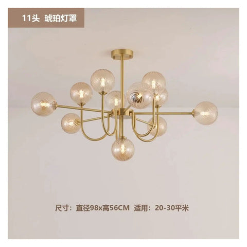 Nordic Minimalist Magic Bean LED Pendant Lamp French Glass Ball U-Shaped Chandelier with 11 heads in gold finish.