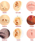 Various piercings including nostril, ear lobe, lip, septum, industrial, tongue, eyebrow, conch, belly with stainless steel jewelry