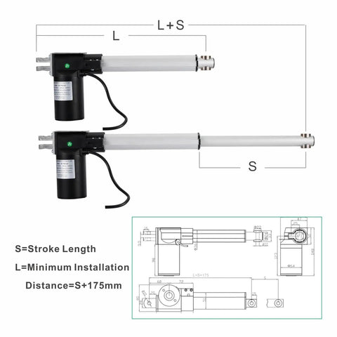 Image of Heavy Duty DC 12V And 24V Linear Actuator with dimensions, showing push pull motion design for industrial use.