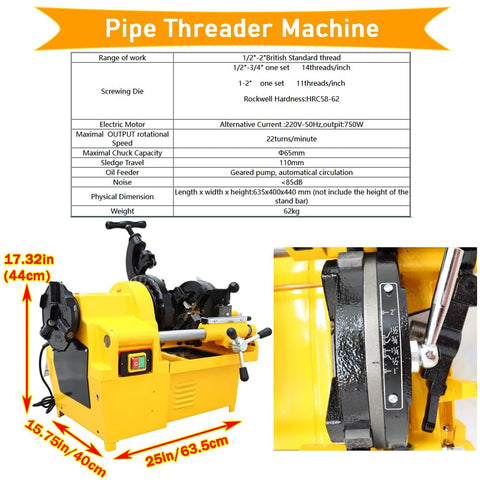 Rugged Industrial 3 In 1 Electric Pipe Threading Tool For Half To Two Inch Pipes With Durable Alloy Steel Cutter Head That Handles Water Gas And Electrical Conduit Jobs Like An Absolute Badass 220V with dimensions and specifications.