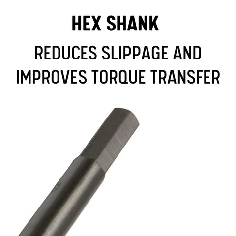Close-up of hex shank detail on Heavy Duty Straight Shot Rugged 9/16 By 30 Inch Long Auger Drill Bit For Wood.