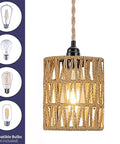 Straight Up Chic Boho Woven Rattan Plug In Pendant Ceiling Light casting dreamy art deco wall shadows with natural rattan shade.