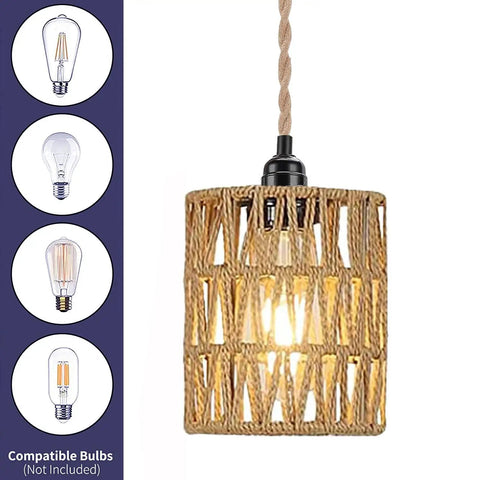Straight Up Chic Boho Woven Rattan Plug In Pendant Ceiling Light casting dreamy art deco wall shadows with natural rattan shade.