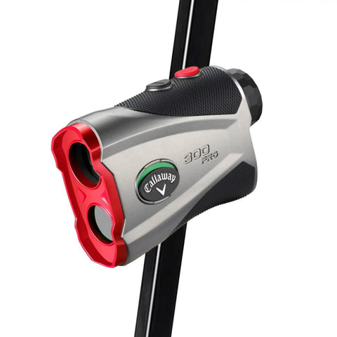 Golf 300 Pro Slope Laser Rangefinder, 6x Magnification, with red-accented design on magnetic mount for precise yardage readouts.
