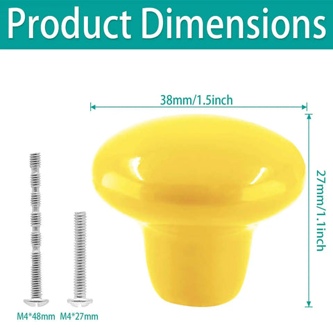 Level Up Your Kitchen With These 10 Piece Yellow Ceramic Cabinet Knobs Round 1 5 Inch Drawer Pulls Including Heavy Duty Screws And Snazzy Durable Porcelain Construction For A Killer Home Upgrade - dimensions view of yellow knob with screws