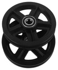 A Pair Of Heavy Duty Replacement Pulley Wheels For Sliding Barn Doors And Metal Gates Built For Roll Like Butter Performance With Sealed Bearings And Zero Hassle Everyday Reliability, showing black wheels with sealed bearings.