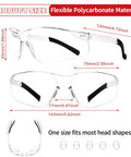 Heavy Duty Safety Glasses Bulk Pack Of One Hundred With Ansi Z87 Certification And Scratch Resistant Polycarbonate Lenses showing dimensions and flexible material.