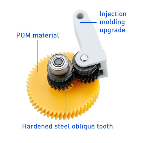 All Metal Hotend Upgrade Kit For P1S Direct Drive Extruder with helical gear handle and hardened steel gears, injection molding.