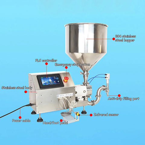 Liquid Filling Machine For Viscous Pastes And Sauces With Digital Metering No Sweat showing stainless steel hopper and LCD panel.