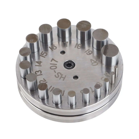 17 Die Steel Disc Cutter Set for Gaskets and Jewelry Making, flat base punching tool, includes 17 dies from 4mm to 20mm, top view