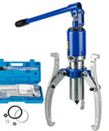 No Sweat 10 Ton Hydraulic Puller Set Featuring Adjustable Two Or Three Jaw Bearing Gear Hub Splitter Kit with blue handle and tools