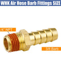 12 Pack Brass Air Hose Repair Kit Fittings 3/8 Barb to 1/4 NPT Connectors With Sealant and Air Line Coupler, shown in detail.