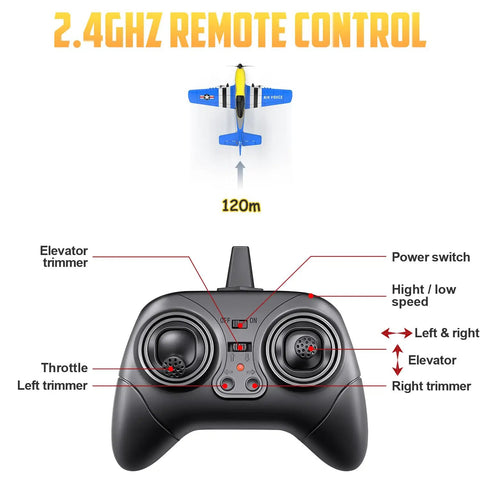 2.4GHz remote control of P-51D Mustang 3 Channel RC Plane With Ready To Fly Setup, showing control features.