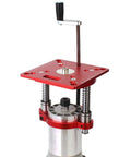 Rock Solid Precision Router Lift And Woodworking Table Insert Plate with height adjustment handle and red metallic finish.