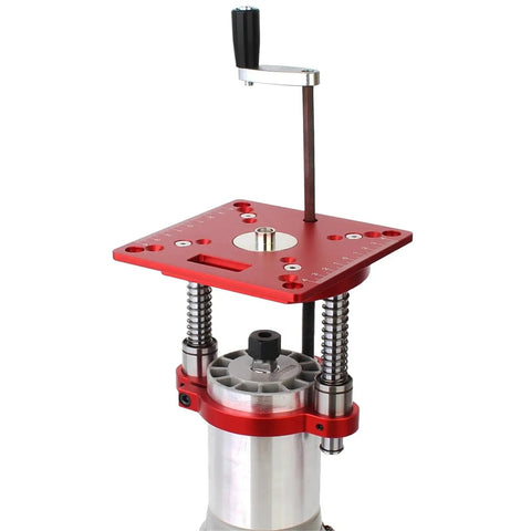 Rock Solid Precision Router Lift And Woodworking Table Insert Plate with height adjustment handle and red metallic finish.