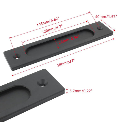 Dimensions of Two Piece 7 Inch Flush Pull Recessed Barn Door Handle In Sleek Matte Black Aluminum Alloy showing size specifications.