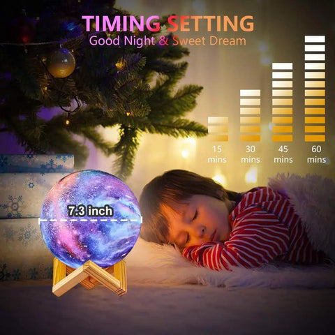 Sleeping child beside Moon Lamp For Kids Galaxy 16 Colors 3D Moon Light With Wood Stand Remote And Touch Control USB Rechargeable Night Light Gift For Girls Birthday Bedroom Decor, showing timing settings and 7.3 inch size.