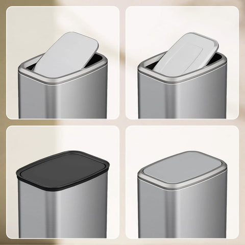 Slim Swing-Top Rectangular Trash Can 8L Stainless Steel, Small Waste Bin For Bathroom, swing lid opening detail