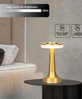 Portable LED Table Lamp With 3-Level Brightness, Metal Desk Light on a table showcasing touch controls for brightness adjustment.