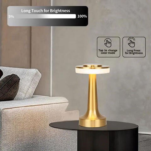 Portable LED Table Lamp With 3-Level Brightness, Metal Desk Light on a table showcasing touch controls for brightness adjustment.