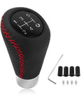 Leather 5 Speed Shift Knob With Four Adaptive Parts For Replacement Shifter Knobs, black and red, textured grip shown with adapters