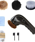 Cordless Electric Shoe Polisher Portable Leather Care Brush Kit components including brush heads and cleaning cloth.