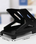 Black thermal label holder with measurements, fits 4.3 inch wide labels, for rolls and fan fold, desktop printer accessory.