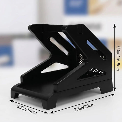 Black thermal label holder with measurements, fits 4.3 inch wide labels, for rolls and fan fold, desktop printer accessory.