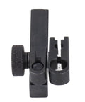 OPPWONG dial indicator holder in black aluminium alloy; side view showing clamp jaws and knurled adjustment knob