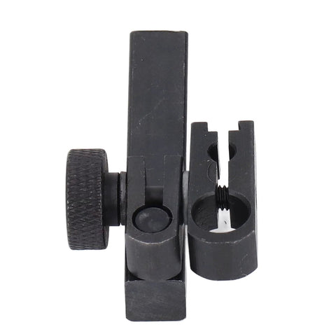 OPPWONG dial indicator holder in black aluminium alloy; side view showing clamp jaws and knurled adjustment knob