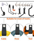 Heavy Duty Storage Straps 10 Pack Assorted For Extension Cord Organization And Cable Management Hose And Rope Keeper Tool Tie Downs RV Wall Mount Organizer For Garage Workshop Car Boat And Yard Storage showing usage with hooks for cables, hoses, and tools.