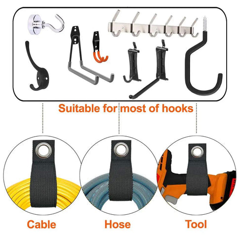 Heavy Duty Storage Straps 10 Pack Assorted For Extension Cord Organization And Cable Management Hose And Rope Keeper Tool Tie Downs RV Wall Mount Organizer For Garage Workshop Car Boat And Yard Storage showing usage with hooks for cables, hoses, and tools.