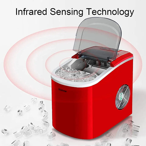 Fast Freeze Countertop Ice Maker Produces Nine Fresh Cubes In Eight Minutes with open lid and ice ready in bright red design.