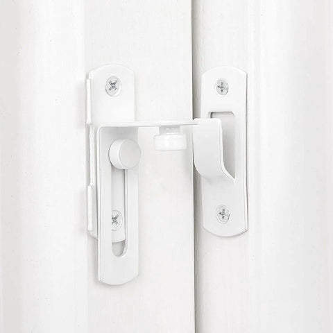 Four Pack White 90 Degree Flip Barn Door Lock Latches Stainless Steel Gate Latch Security Lock shown on white door