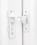 Dang Tough White Flip Barn Door Locks Corrosion Resistant Heavy Duty 90 Degree Slide Bolt Latches close-up view on sliding doors