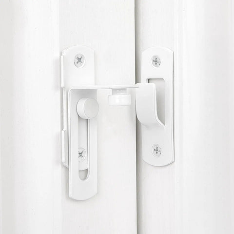 Dang Tough White Flip Barn Door Locks Corrosion Resistant Heavy Duty 90 Degree Slide Bolt Latches close-up view on sliding doors