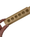 Small Wooden Test Tube Rack For Six 15mm Tubes 6 Inch Long 2.7 Inch Tall Unfinished Oak Construction held in hand