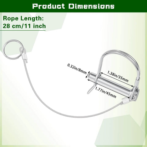 Five Sixteenth Inch Trailer Hitch Coupler Pins With Steel Quick Release Ring Five Pack One And Three Quarters Inch Long D Shape Pins Lock Prevents Loss Heavy Duty Utility Trailer Tongue Accessories For Secure Towing, shown with measurements and wire.