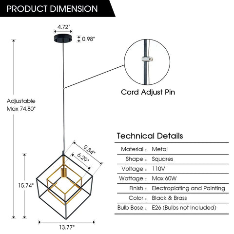 Dope Modern Geometric Cube Chandelier Pendant Light in Black Brass for Kitchen Island and Entryway, dimensions and details view