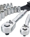 VersaStack Mechanic Tool Set 71 Piece One Quarter and Three Eighths Drive SAE and Metric Sockets Ratchets Hex Keys Adapters Case with Polish Chrome Finish