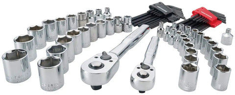 VersaStack Mechanic Tool Set 71 Piece One Quarter and Three Eighths Drive SAE and Metric Sockets Ratchets Hex Keys Adapters Case with Polish Chrome Finish