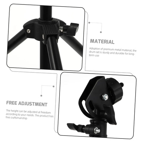 Adjustable Metal Snare Drum Stand For Practice with secure holder rack, showcasing durable metal material and height adjustment features.