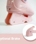Close-up of pink optional brake attachment for Women Inline Skates Adjustable Size Roller Blades with hard shell.